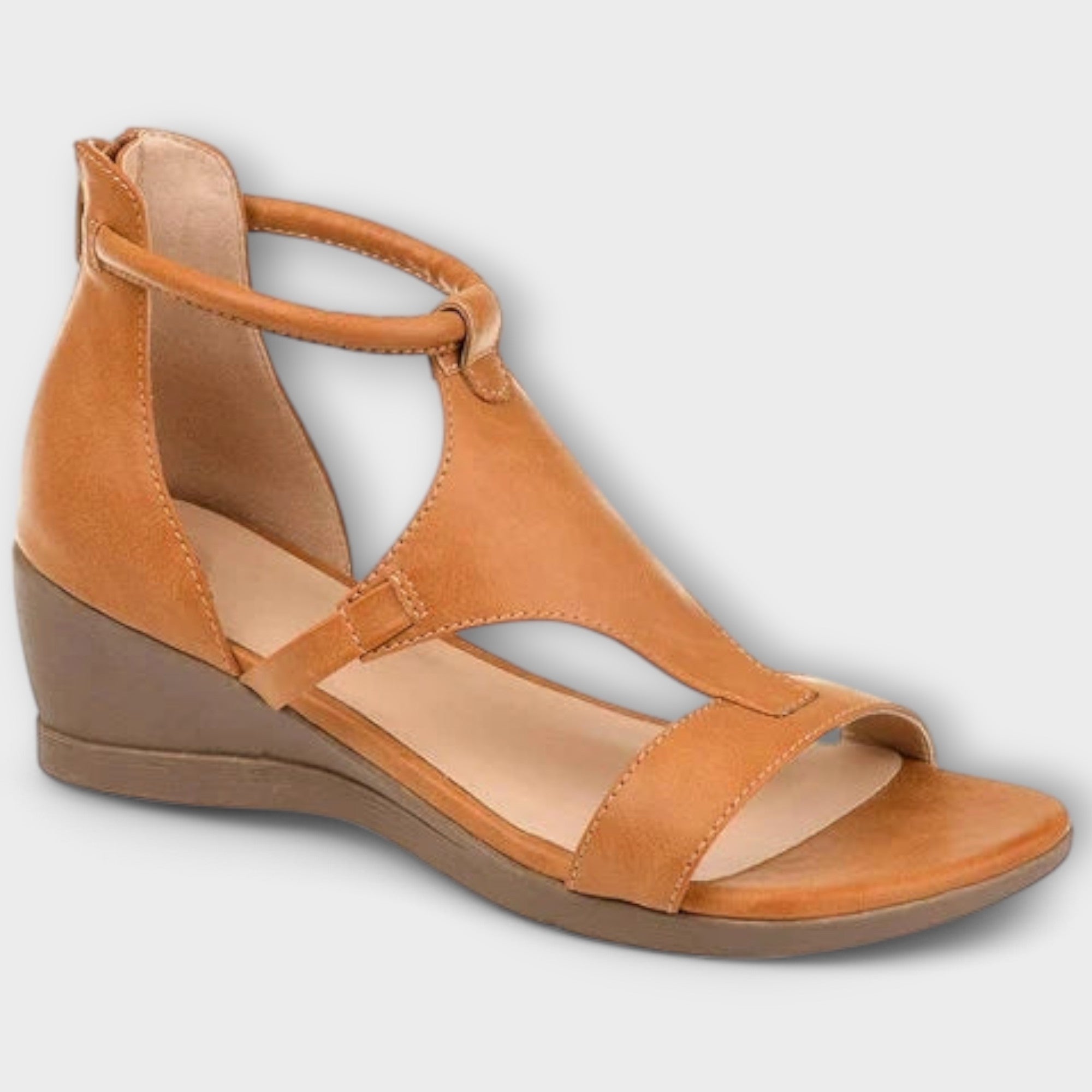 Braune Damen-Sandalen mit Keilabsatz, Riemen über dem Spann und offenen Zehen