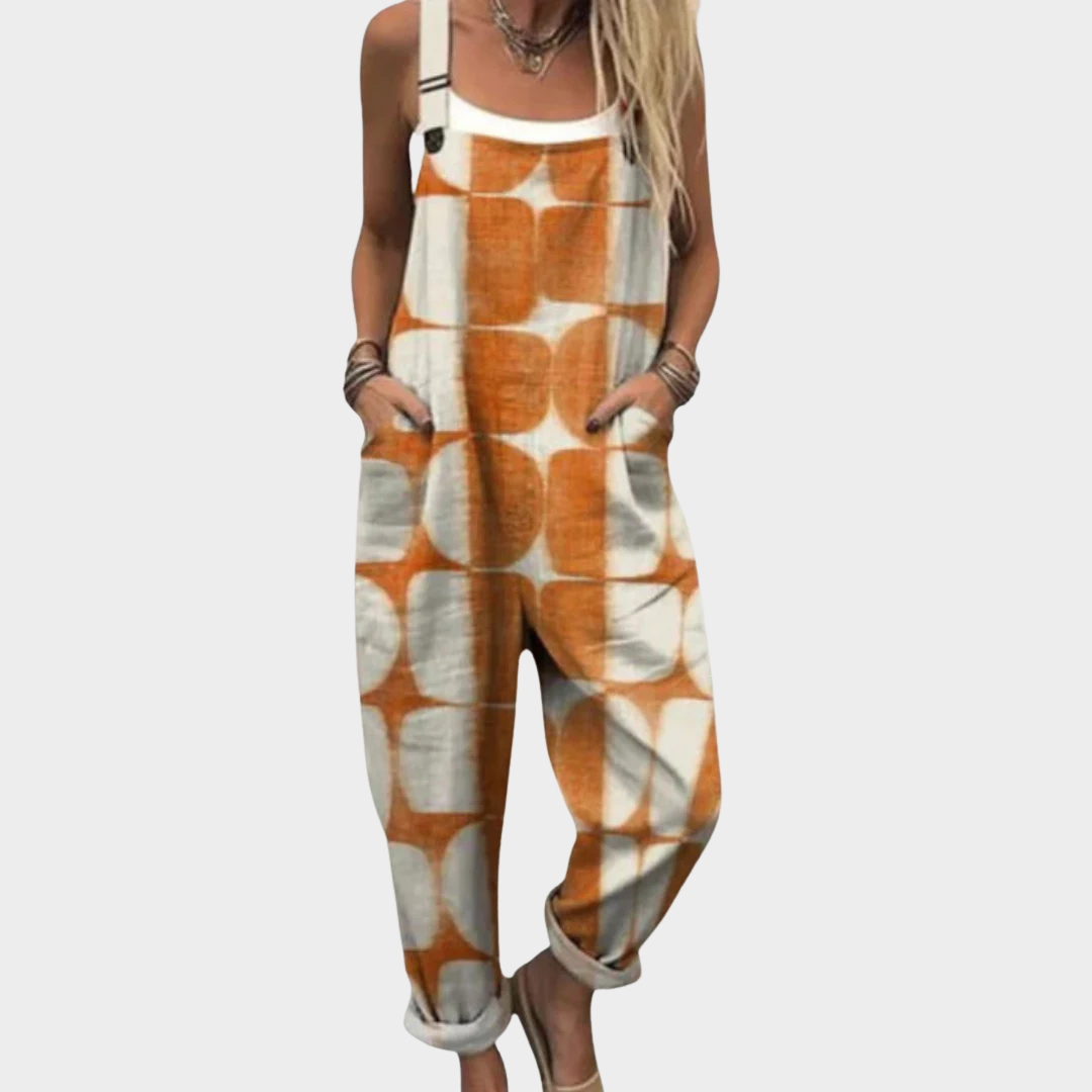 Bequemer bedruckter Jumpsuit, ärmellos, weitem Bein, orange-weißes Muster, Taschen.