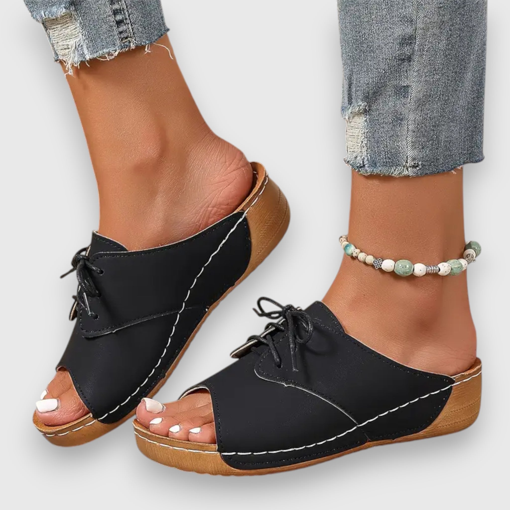 Schwarze Vintage-Sandalen mit Schnürverschluss, Kontrastnähten und brauner Laufsohle