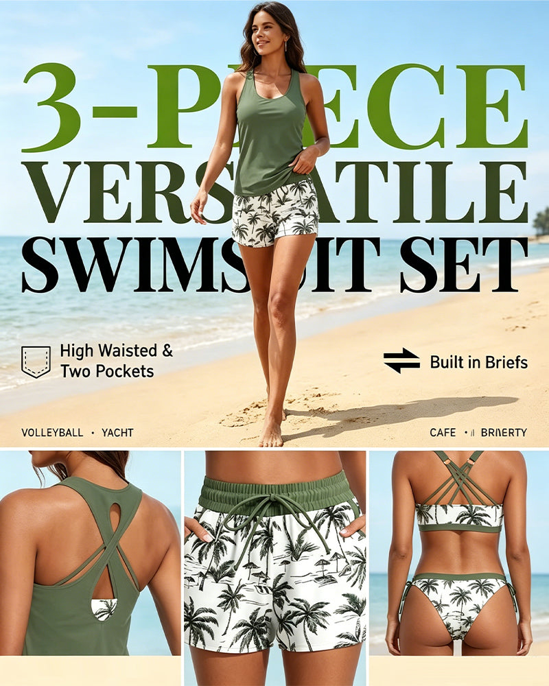 Tankini-Set mit hohem Bund: olivgrünes Top und Palmprint-Shorts