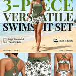 Tankini-Set mit hohem Bund: olivgrünes Top und Palmprint-Shorts