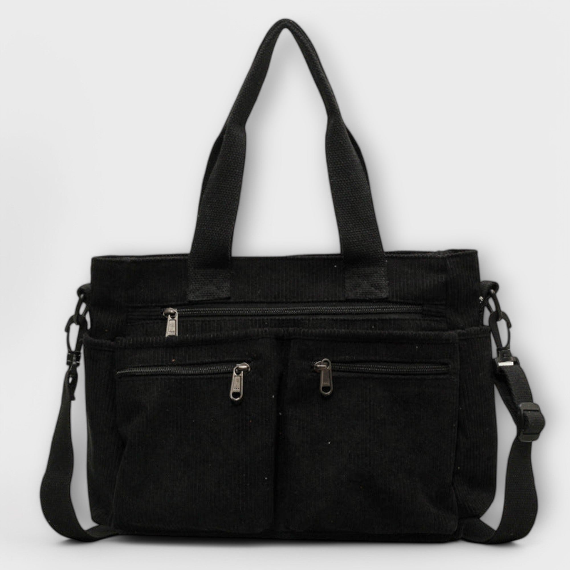 Schwarze Tote Bag mit zwei Fronttaschen, Reißverschluss und abnehmbarem Schulterriemen