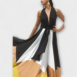 Langes Kleid, ärmellos, V-Ausschnitt; fließender Schnitt mit Farbblöcken schwarz/weiß/braun/gelb