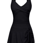 Evelin-Badekleid in Schwarz, ärmellos mit V-Ausschnitt und gerafftem Rocksaum