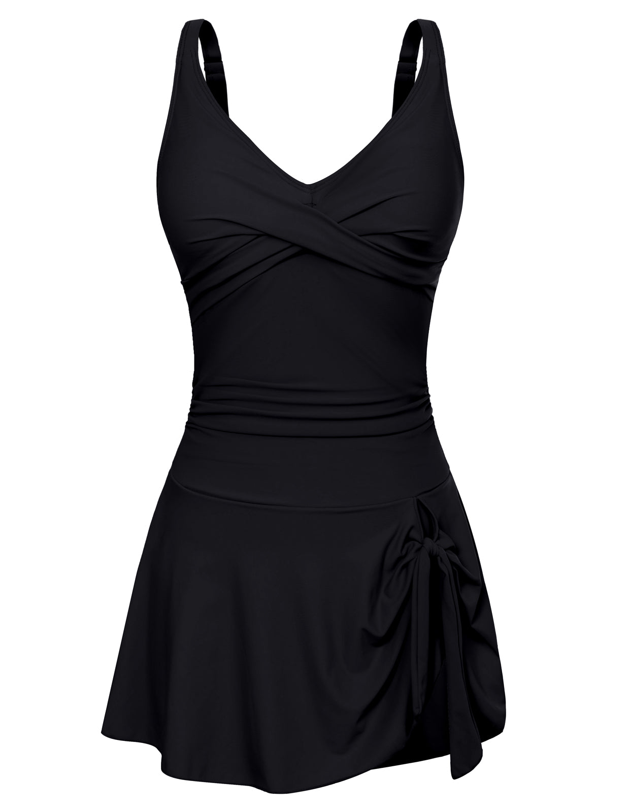 Evelin-Badekleid in Schwarz, ärmellos mit V-Ausschnitt und gerafftem Rocksaum