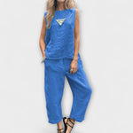 Leinen-Baumwoll-Set mit ärmellosem Top und weiter Hose, blau