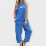Leinen-Baumwoll-Set mit ärmellosem Top und weiter Hose, blau