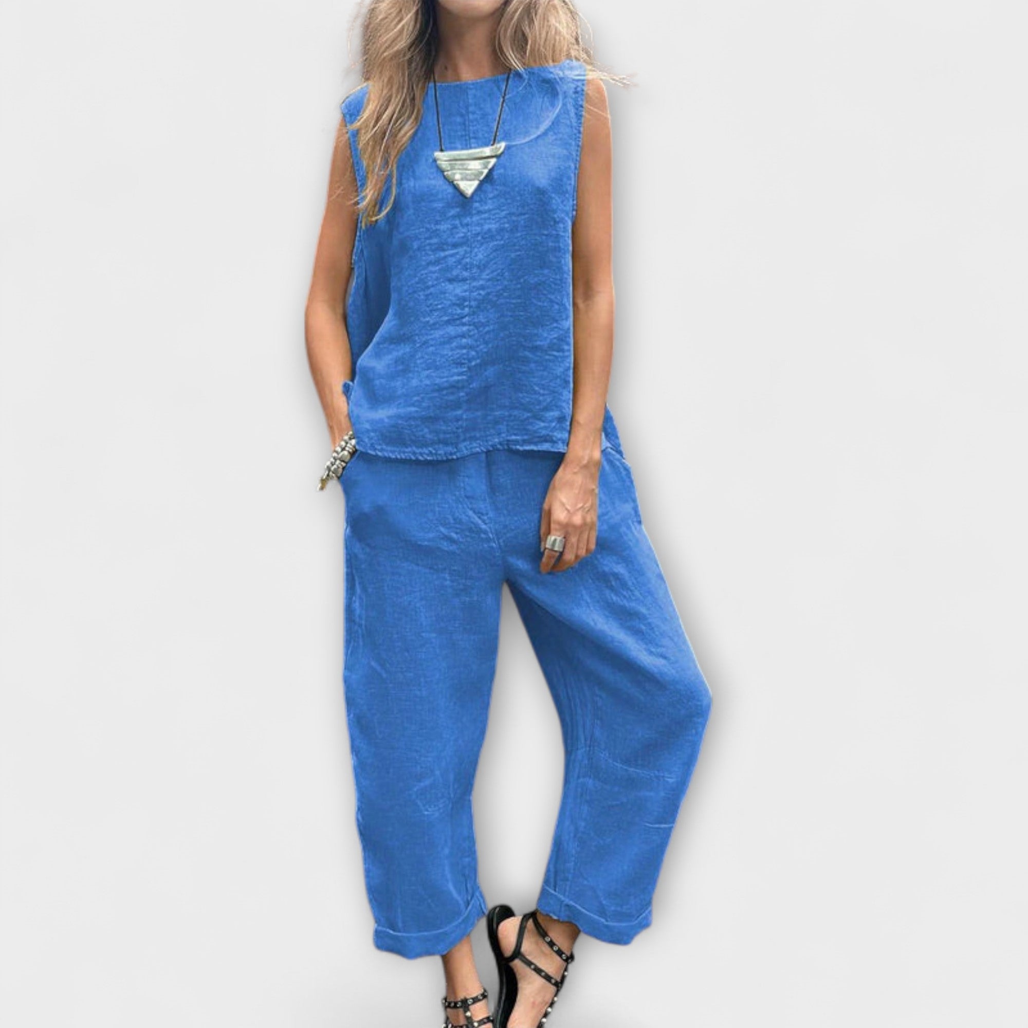Leinen-Baumwoll-Set mit ärmellosem Top und weiter Hose, blau