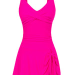 Evelin-Badekleid in Pink, ärmellos mit V-Ausschnitt und Rock mit angenähtem Bindeband