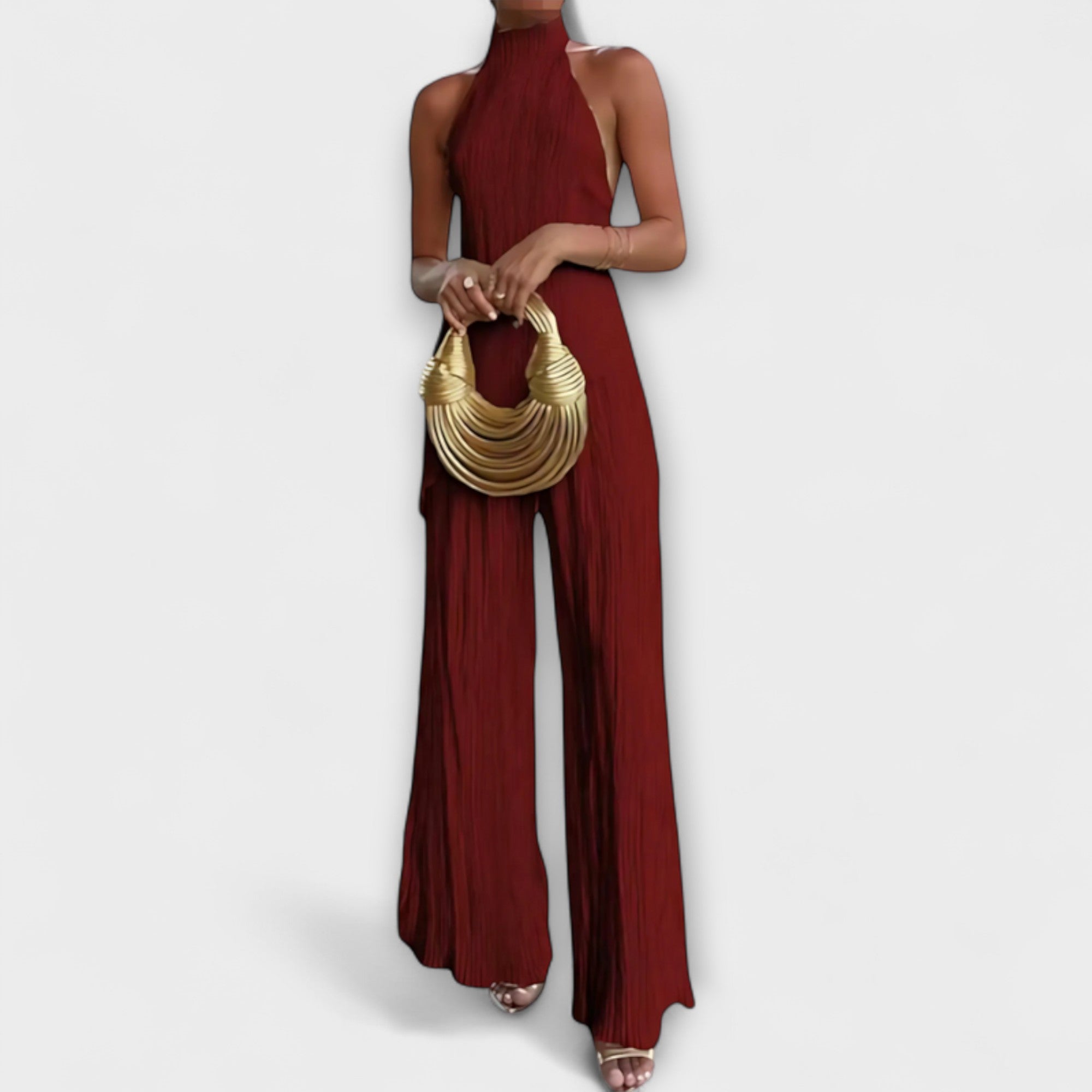 Plissiertes asymmetrisches Jumpsuit-Set mit Neckholder, schwarz, ärmellos, lang