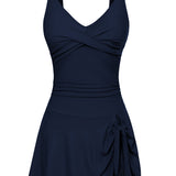Evelin Badekleid, marineblau, Trägerkleid mit Wickeloberteil und Schleifenband
