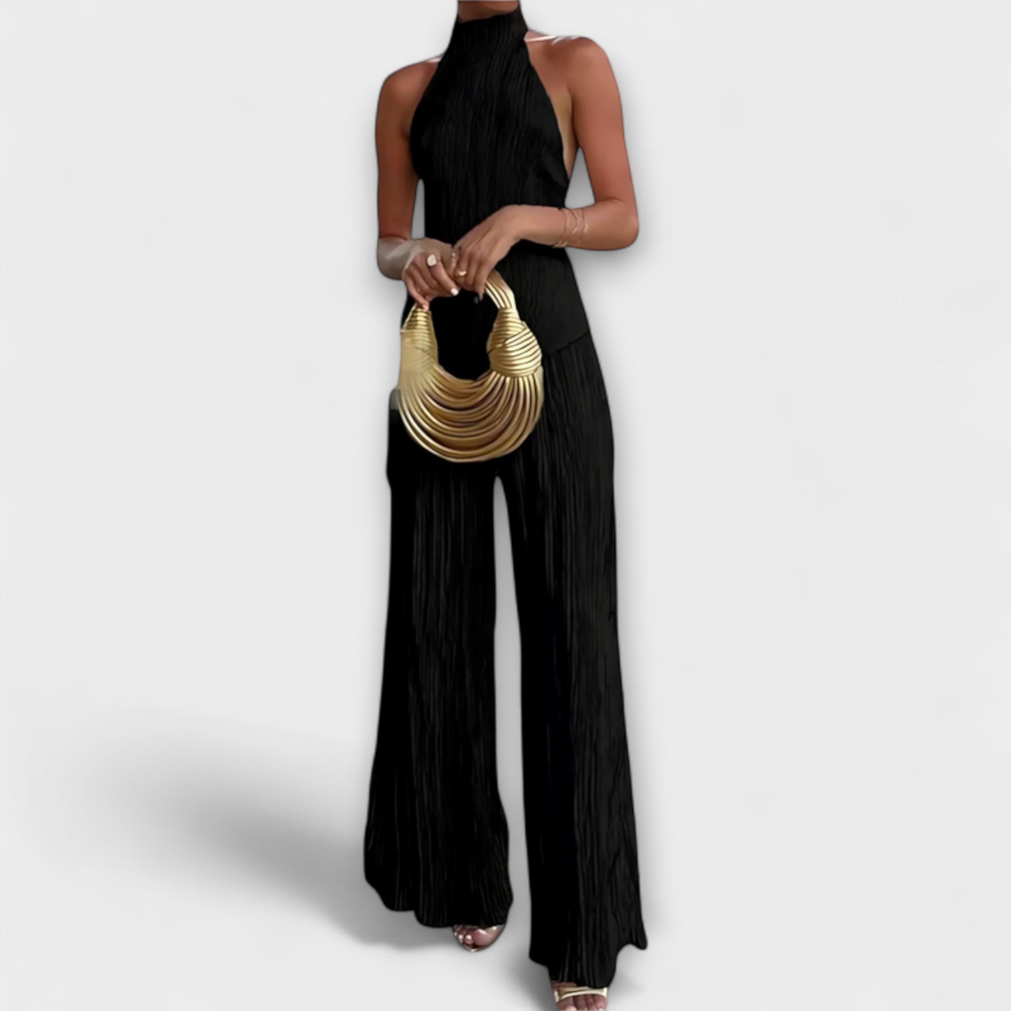 Plissiertes asymmetrisches Jumpsuit-Set mit Neckholder, schwarz, ärmellos, lang