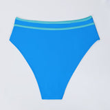 Blauer Sport-Bikini-Slip mit breitem Bund und kontrastfarbenem Saum