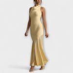 Maxikleid aus Satin in Hellgelb mit schmalen Trägern und Rock mit Falten
