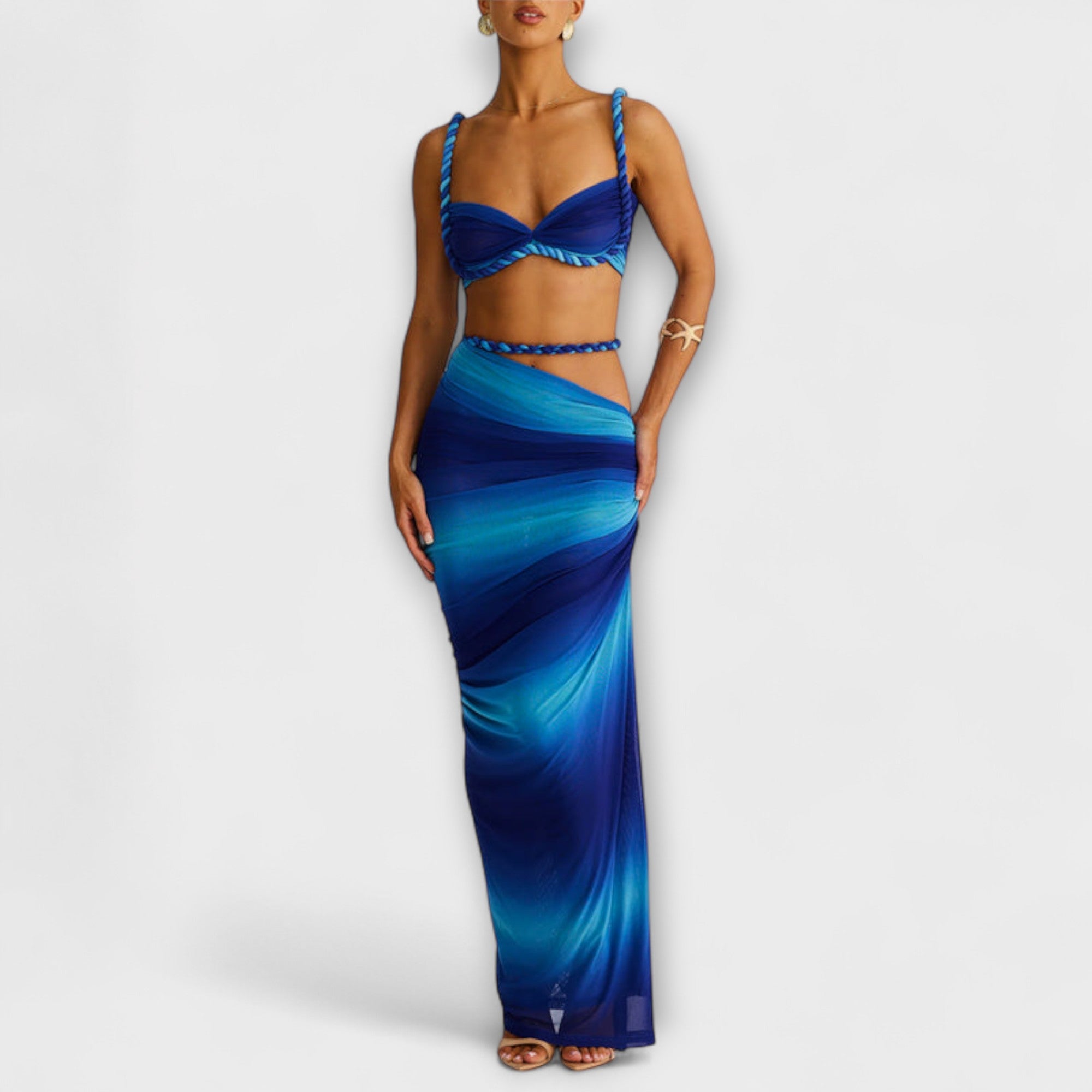 Gradient-Zopf-Crop-Top und Maxirock, schimmernd blau