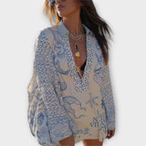 Satin-Shirt-und-Shorts-Set mit blauem Fisch- und Muschelmuster