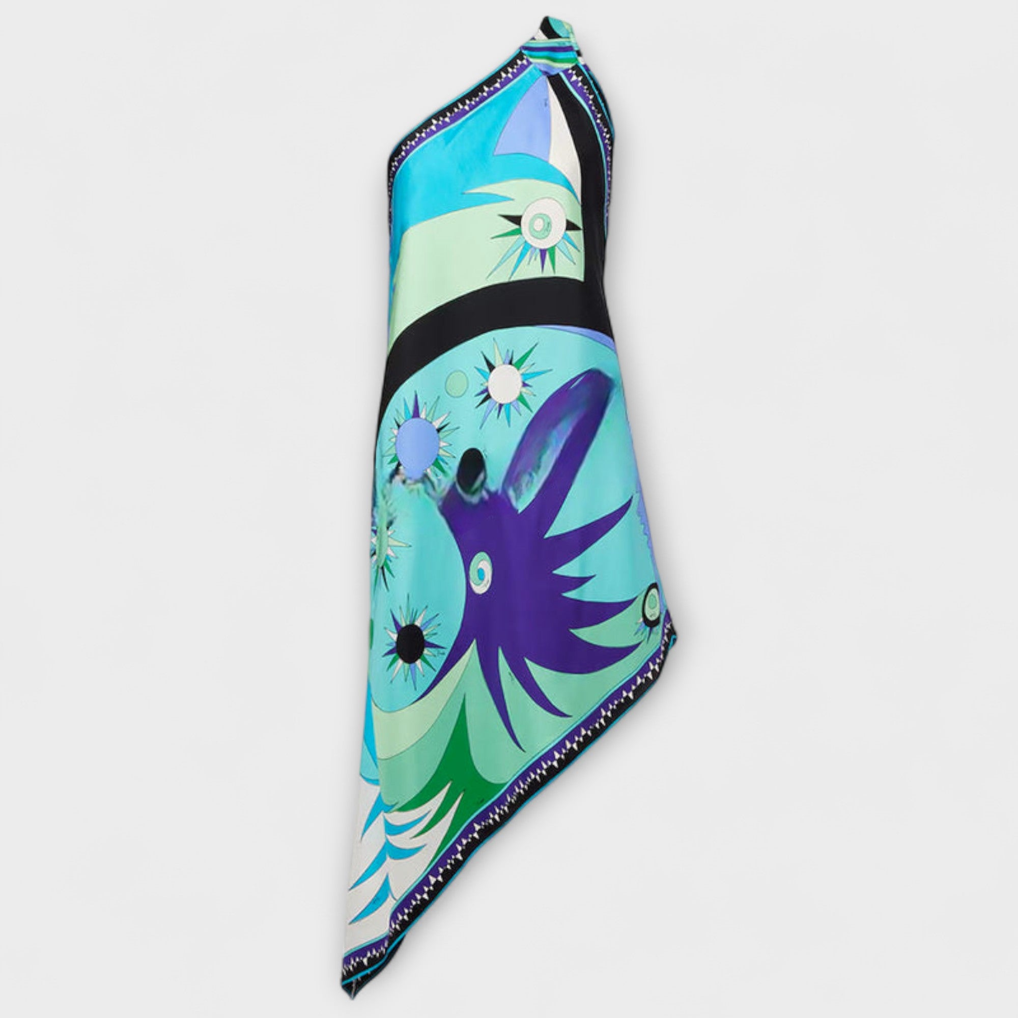 Satin-Midi-Kleid mit großem Blumen-Grafikprint und asymmetrischem Saum