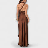 Braunes Satin-Maxikleid mit Rückenausschnitt und gekreuzten Trägern, langer Schnitt