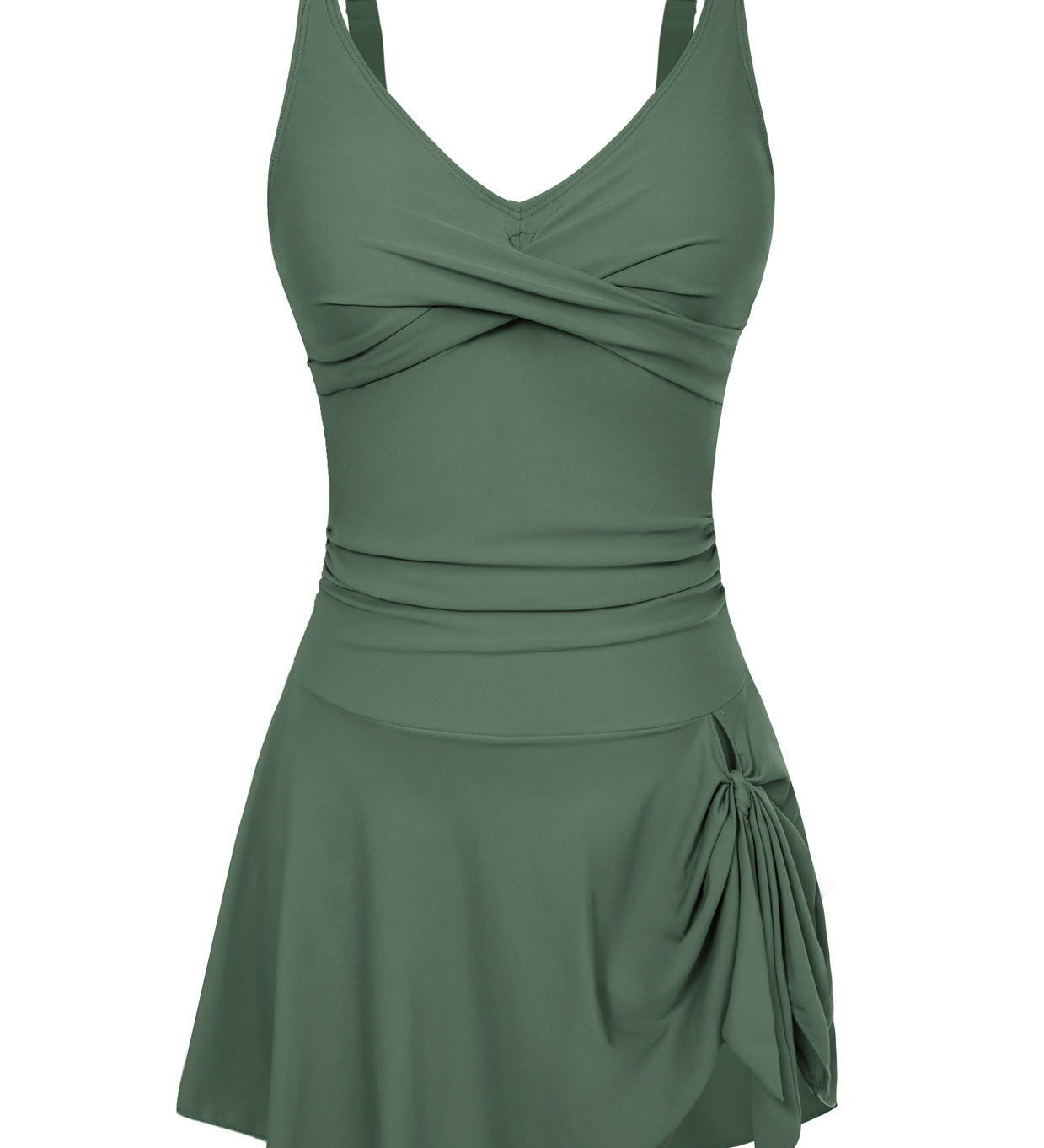Evelin Badekleid, olivgrün, A-Linien-Rock mit Schleife am Saum, V-Ausschnitt