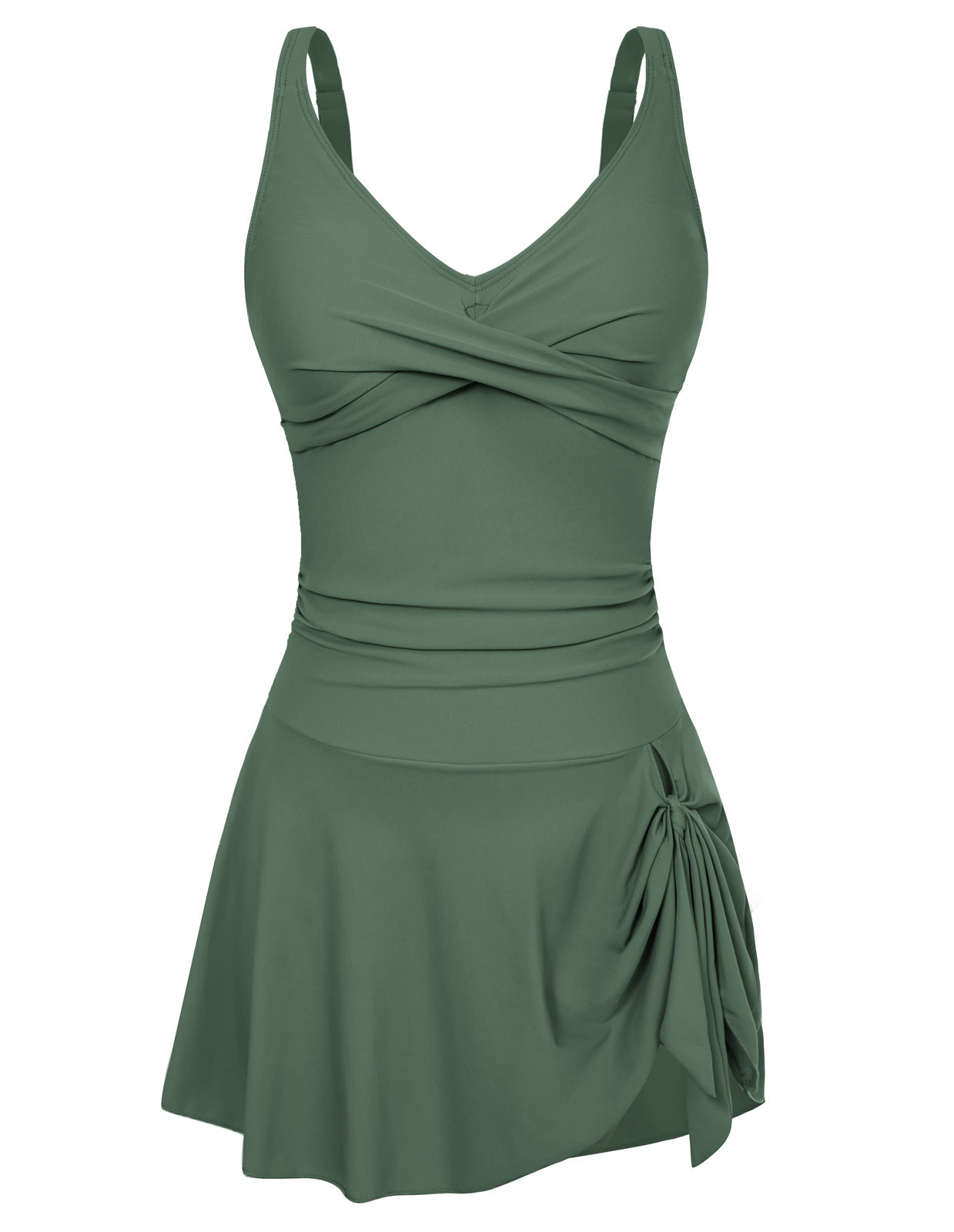 Evelin Badekleid, olivgrün, A-Linien-Rock mit Schleife am Saum, V-Ausschnitt