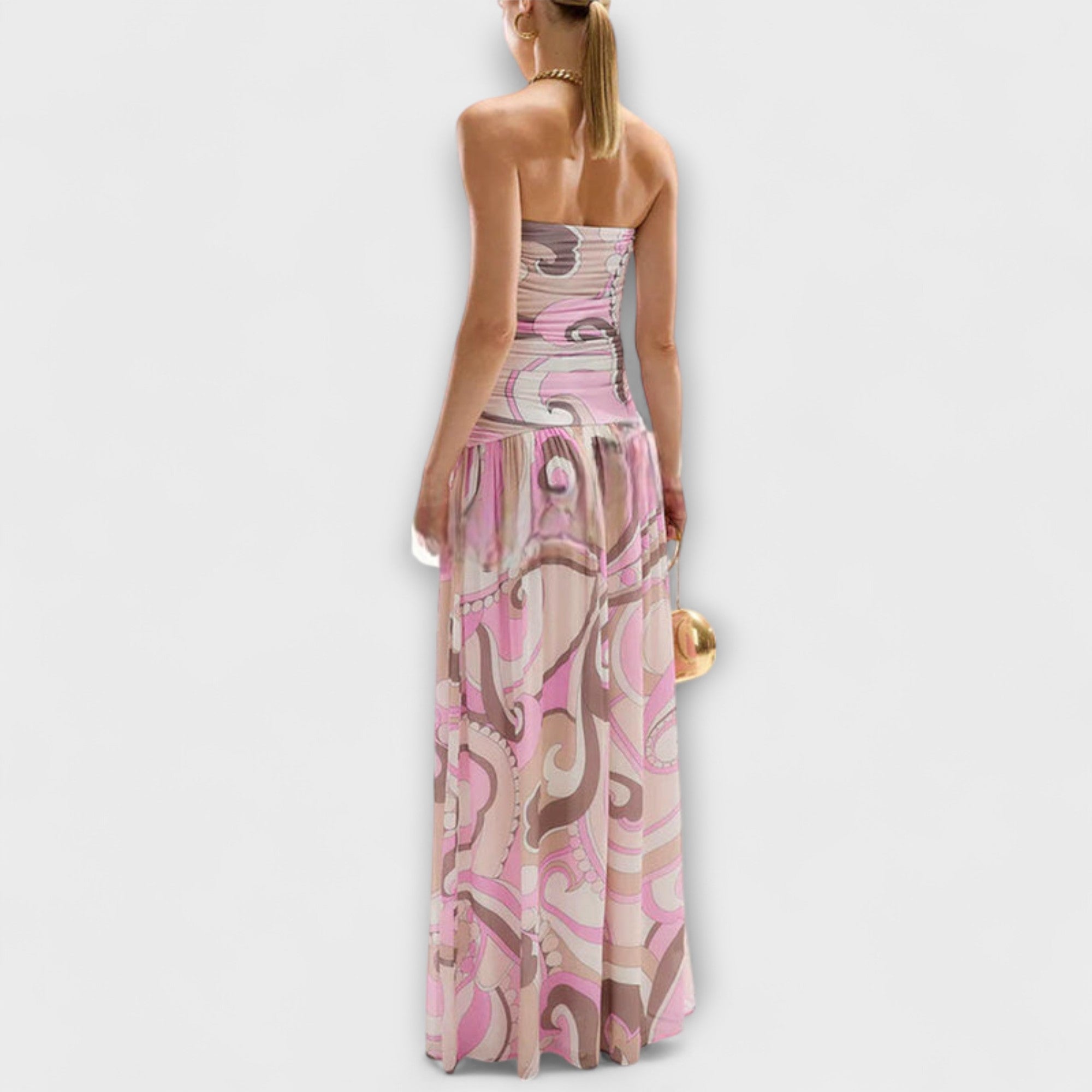 Pastellfarbenes schulterfreies Maxikleid mit Rückansicht, abstraktem Muster und Rüschenrock