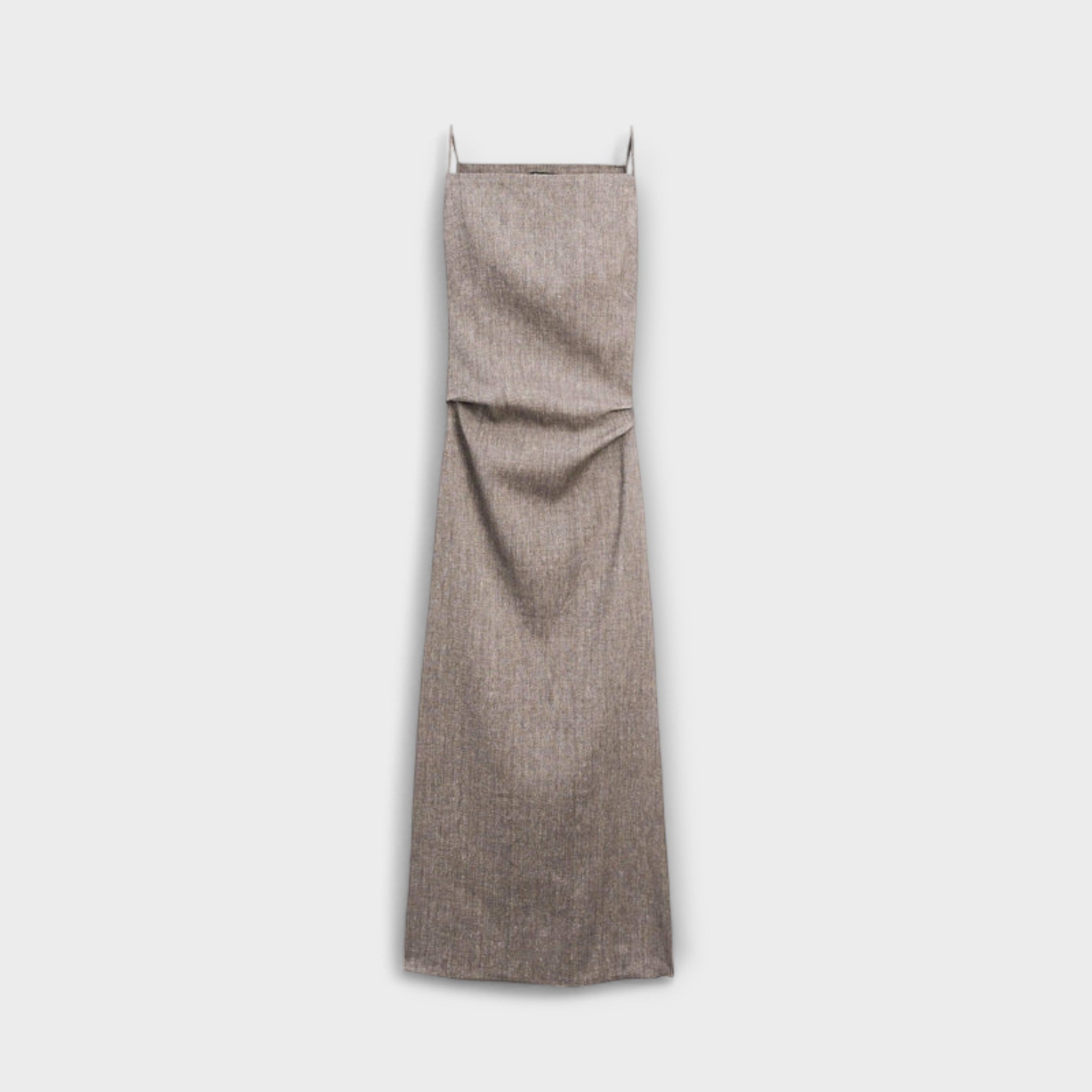 Maxikleid aus Leinenmischung, graubraun, Träger, geraffter Bereich an der Taille