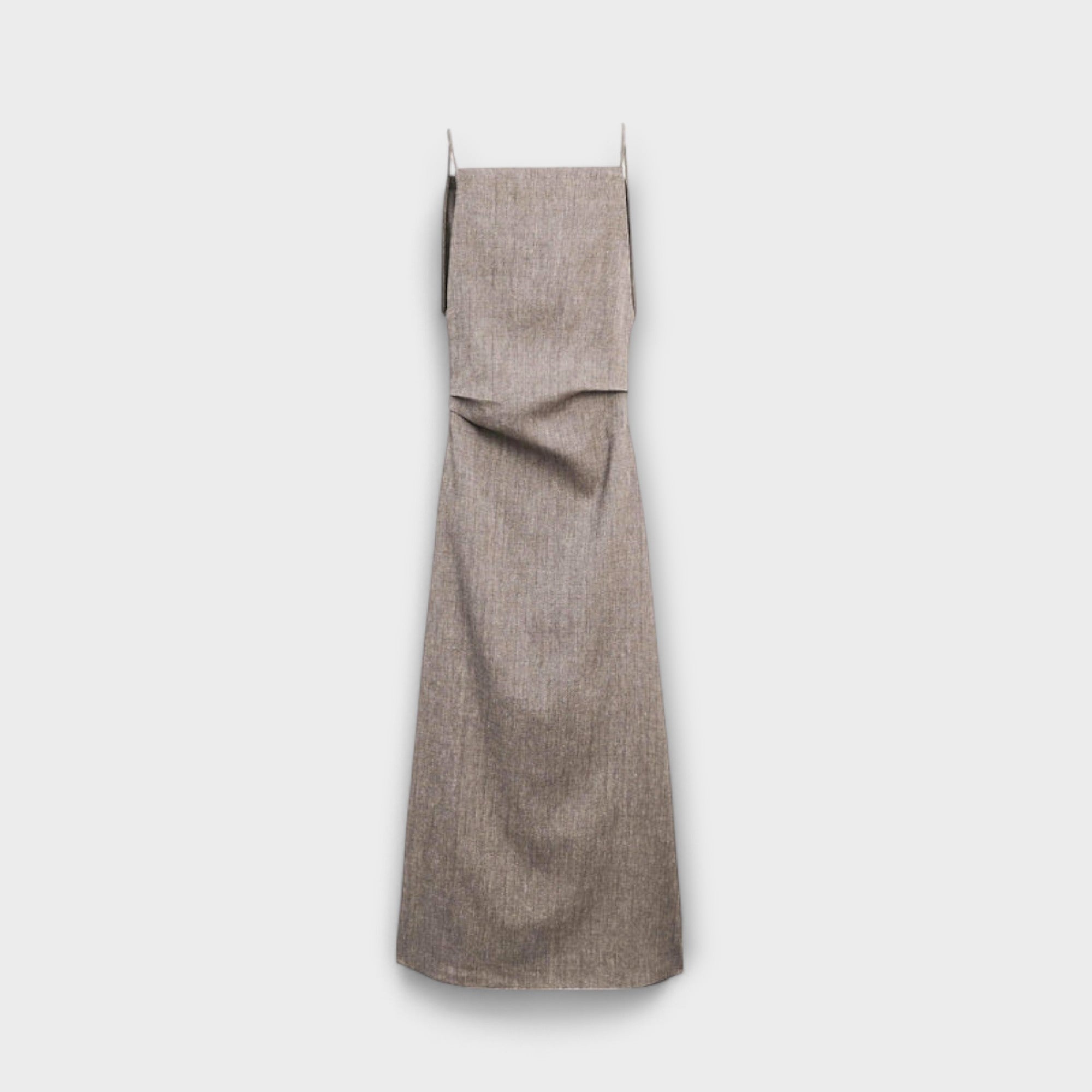 Maxikleid mit Trägern, graubraun, Vorderausschnitt, drapierte Falten an der Taille