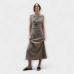 Maxikleid aus Leinenmischung, ärmellos mit Trägern, graubraun, drapierter Rock