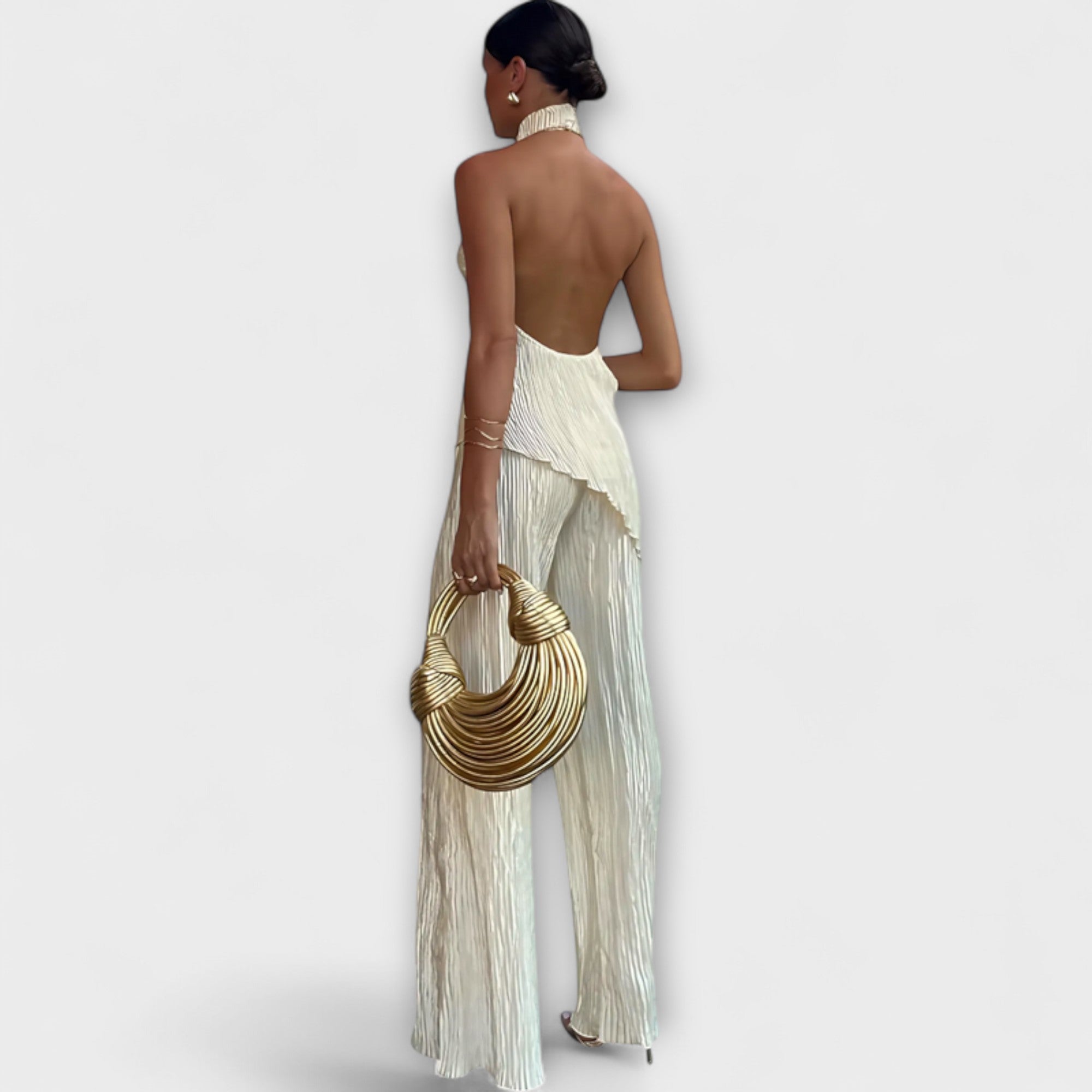 Plissiertes asymmetrisches Jumpsuit-Set mit Neckholder, bordeauxrot, ärmellos, lang