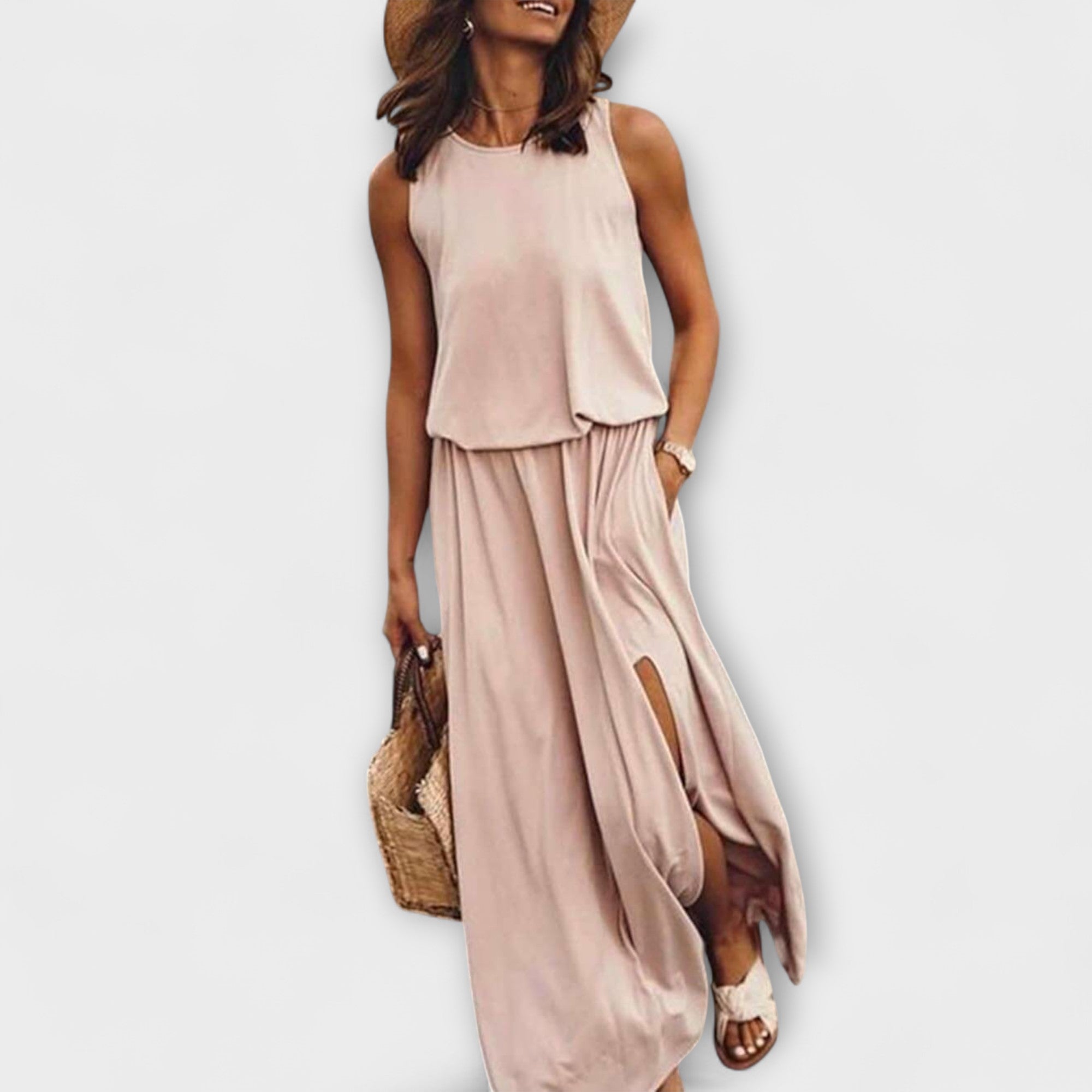 Ärmelloses, weites Kleid mit Rundhalsausschnitt, hellbeige