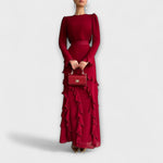 Dunkelrotes Slim-Fit Langkleid mit dreidimensionalen Rüschen und langen Ärmeln