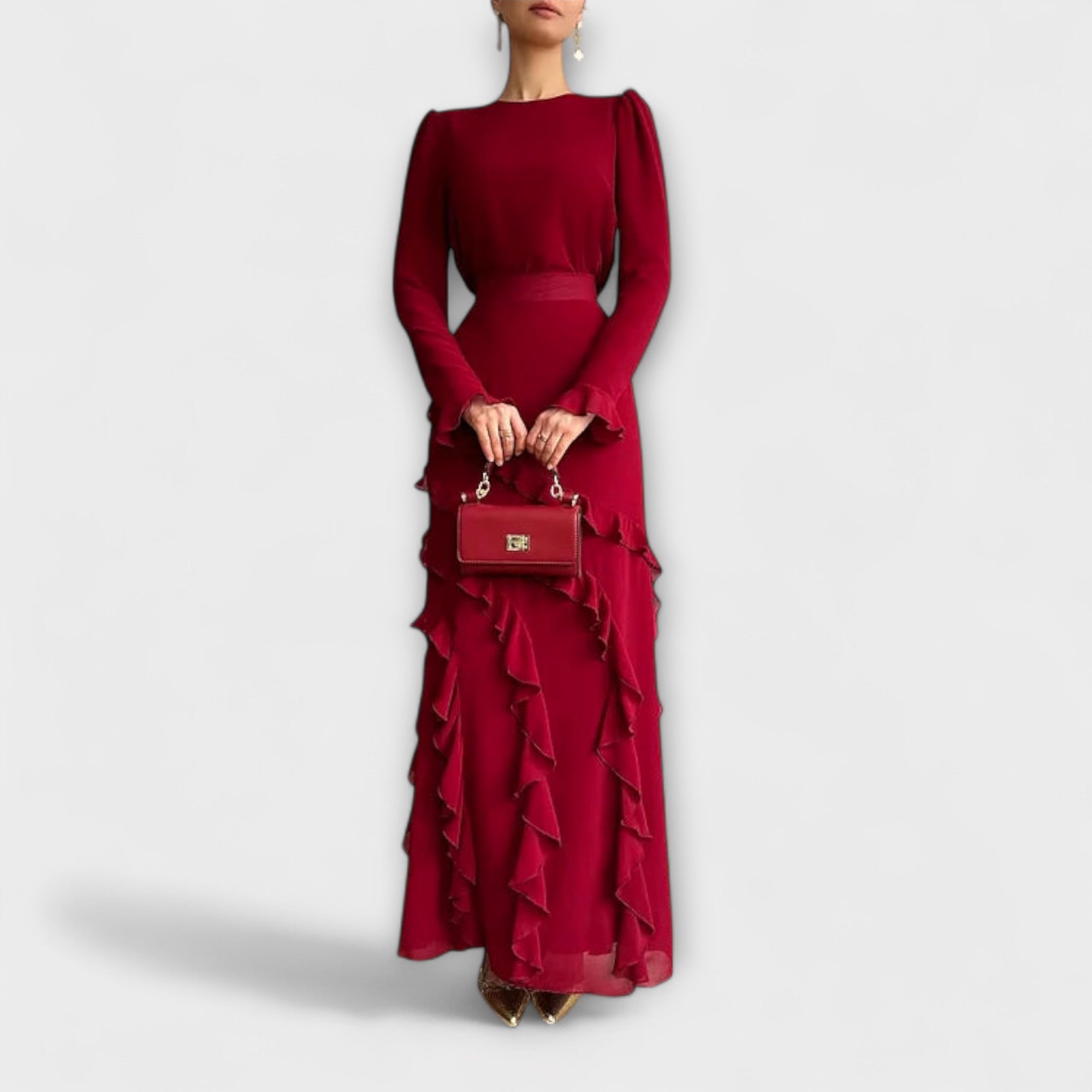 Dunkelrotes Slim-Fit Langkleid mit dreidimensionalen Rüschen und langen Ärmeln