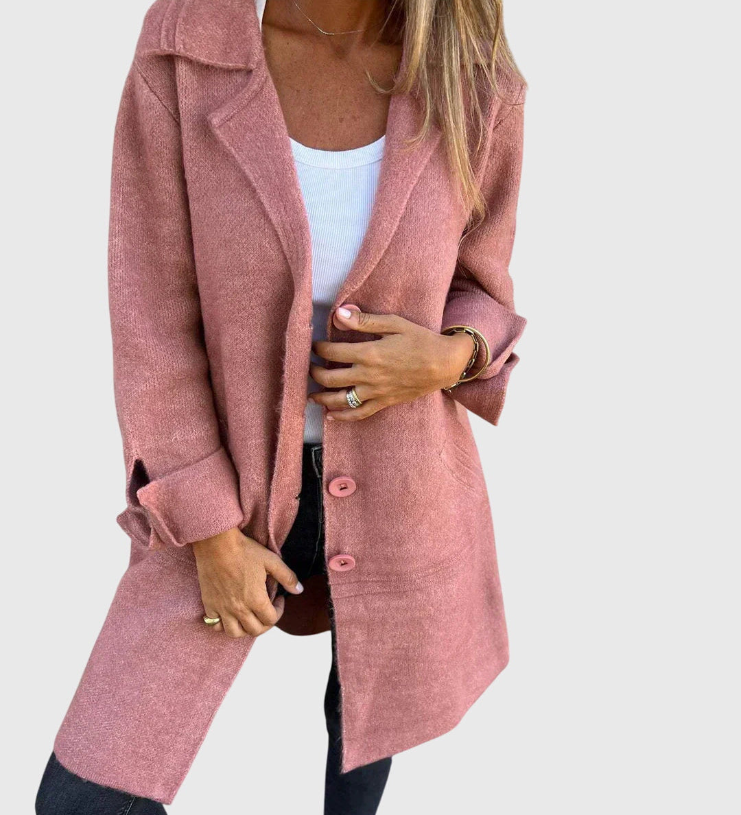Rosa Blazer mit Reverskragen und Knopfleiste vorn, Eingrifftaschen und langen Ärmeln