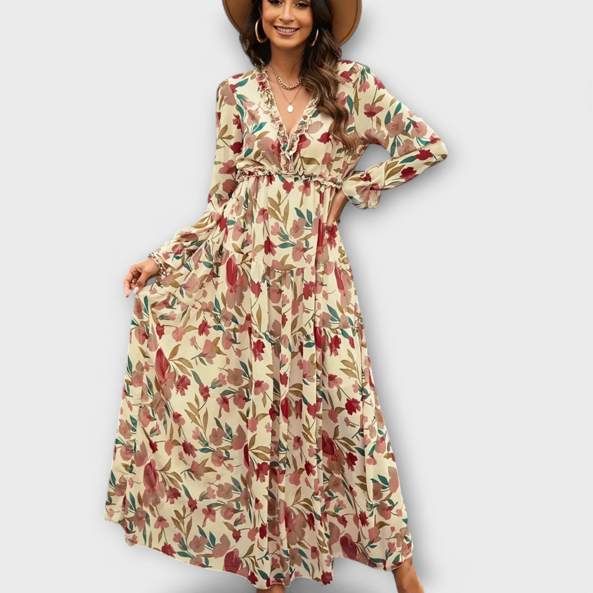 Elegantes Kleid mit V-Ausschnitt, langen Ärmeln und Taftung, cremefarbenes Blätter-Print
