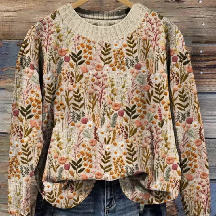 Pullover mit langen Ärmeln und Rundhals in Rippenoptik, floral gemustert