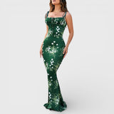 Langes Abendkleid mit Blumenprint, dunkelgrün, figurbetont, Spaghettiträger mit Bindebändern