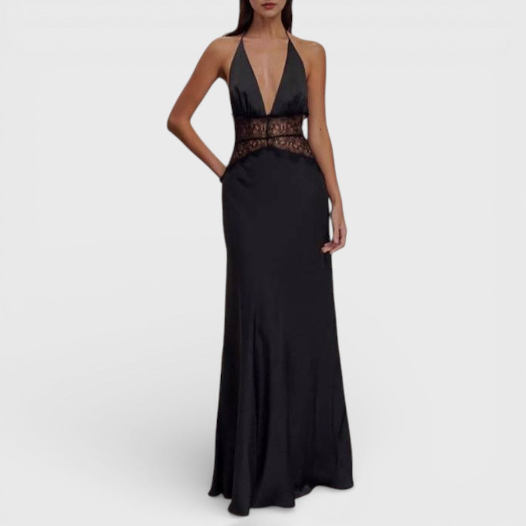 Schwarzes elegantes Maxikleid mit tiefem V-Ausschnitt und Spitzen-Detail am Oberteil