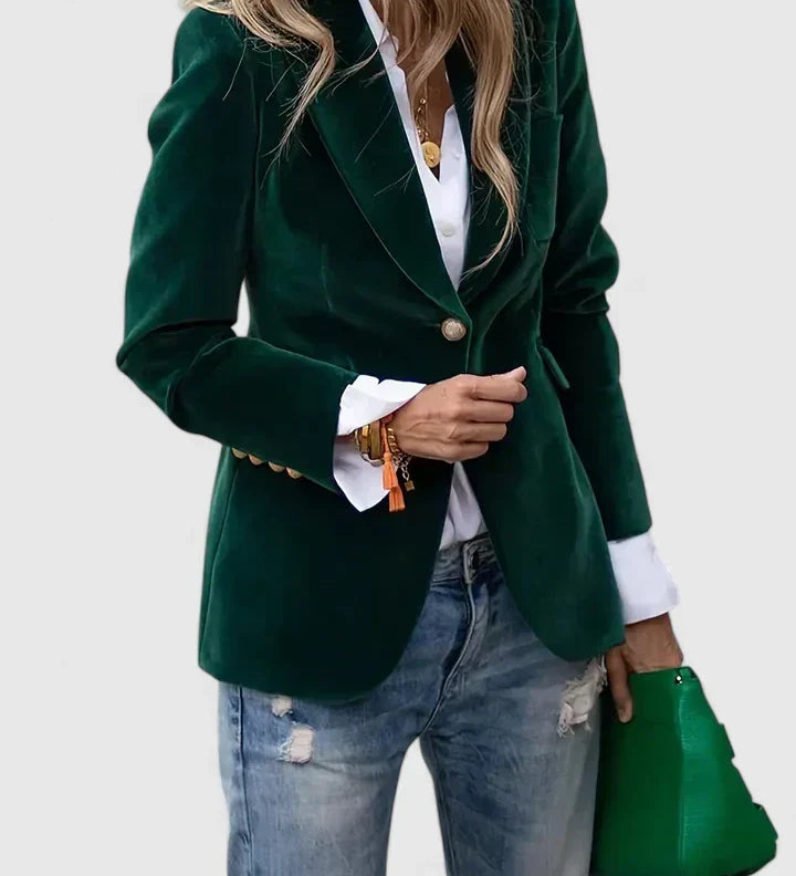 Grüner Blazer mit Revers, Knopfverschluss und goldenen Zierdetails