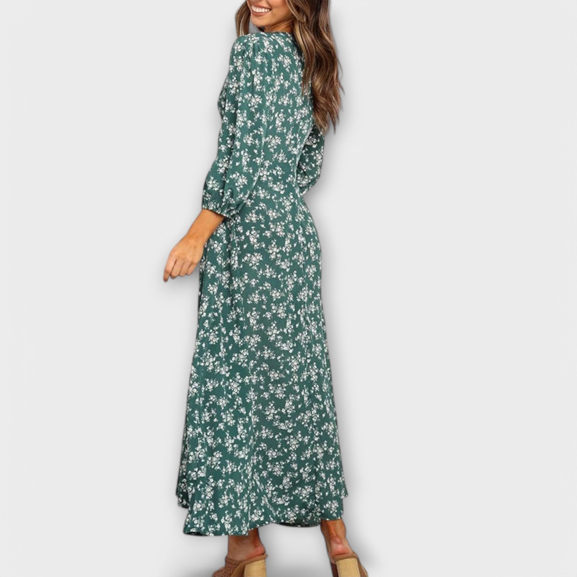 Damen-Maxikleid Blumenmuster, V-Ausschnitt, Knopfleiste, seitlicher Schlitz, grün