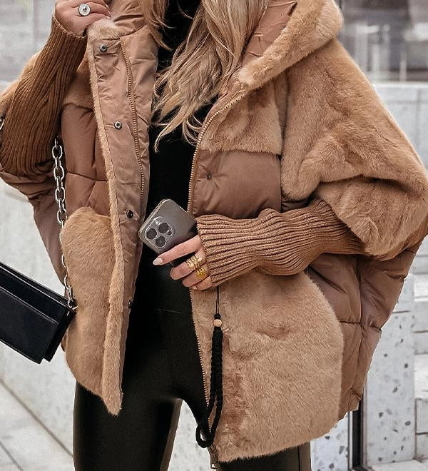 OLIVIA Winterjacke braun-beige mit Kunstfell, Reißverschluss, gerippten Ärmelbündchen