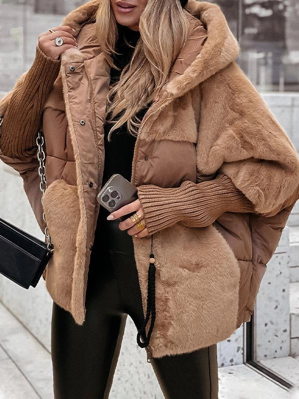 OLIVIA Winterjacke braun-beige mit Kunstfell, Reißverschluss, gerippten Ärmelbündchen