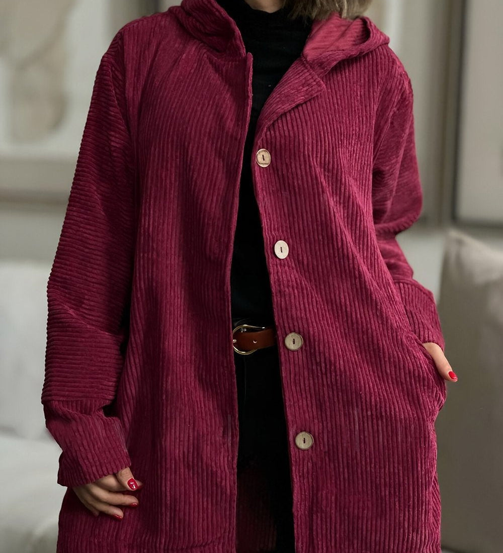 Cordjacke mit Kapuze, bordeauxrot, lange Ärmel, Knopfleiste vorn