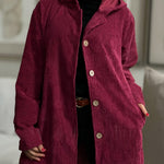 Cordjacke mit Kapuze, bordeauxrot, lange Ärmel, Knopfleiste vorn