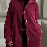 Cordjacke mit Kapuze, bordeauxrot, lange Ärmel, Knopfleiste vorn