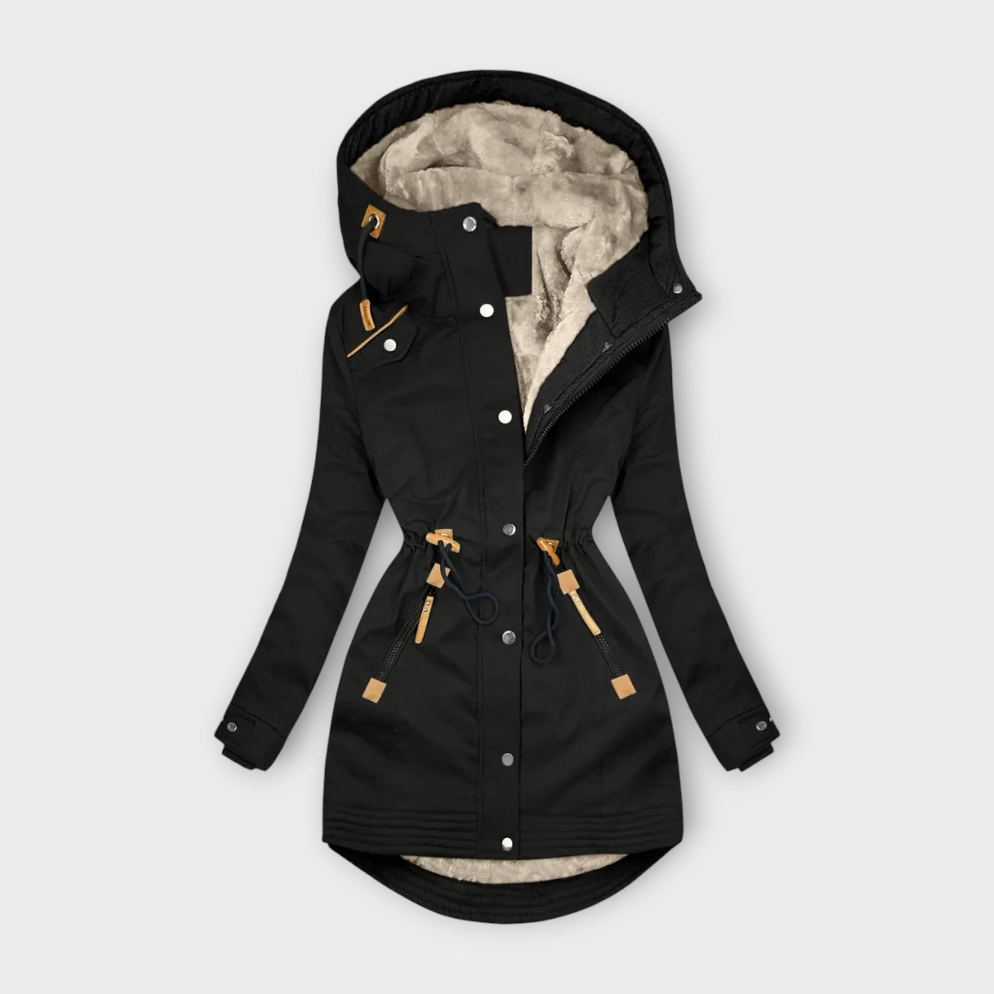 Parka mit Kapuze, Fellfutter und Knopfverschluss, schwarzer Wintermantel mit Kordelzug