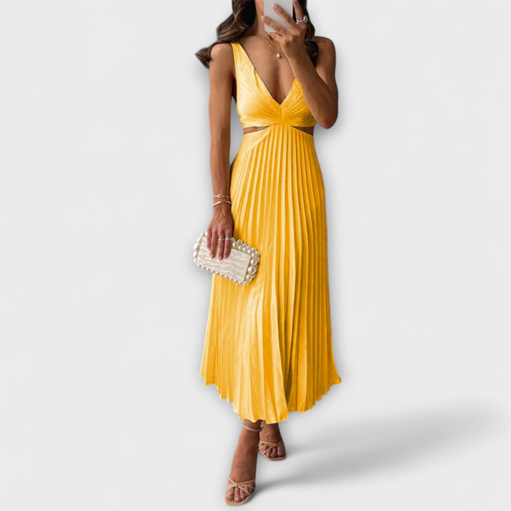 Gelbes Midi-Abendkleid mit V-Ausschnitt und plissiertem Rock