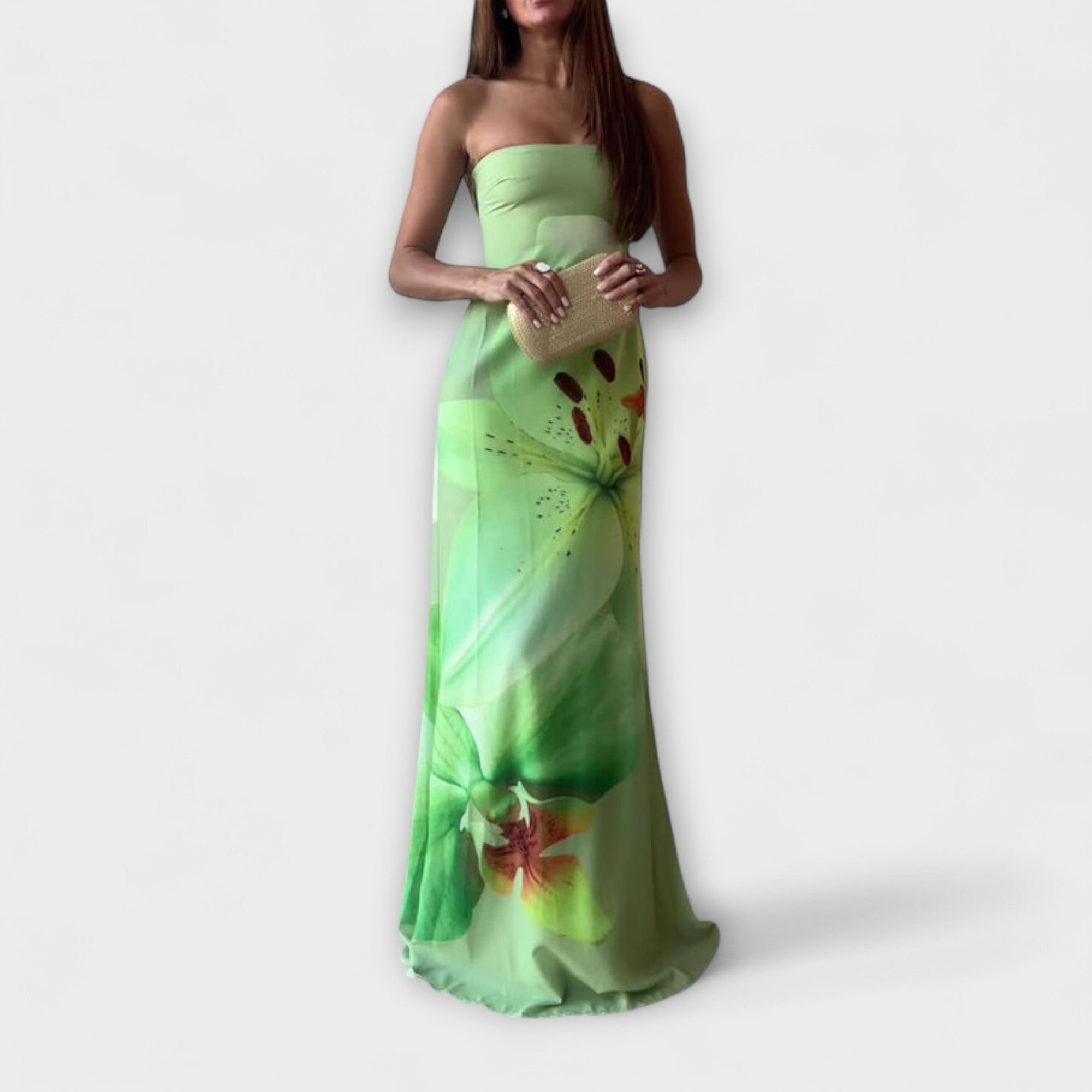 Zephyra Off-Shoulder Maxikleid in hellem Grün mit floraler Musterung