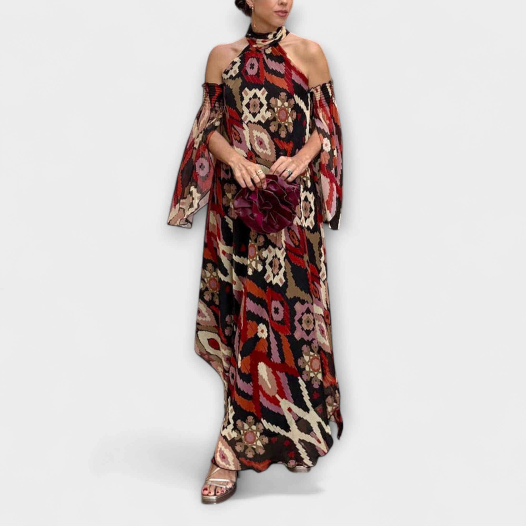 Boho-Maxikleid mit Halterneck, buntem Ikatmuster, Drapierärmeln