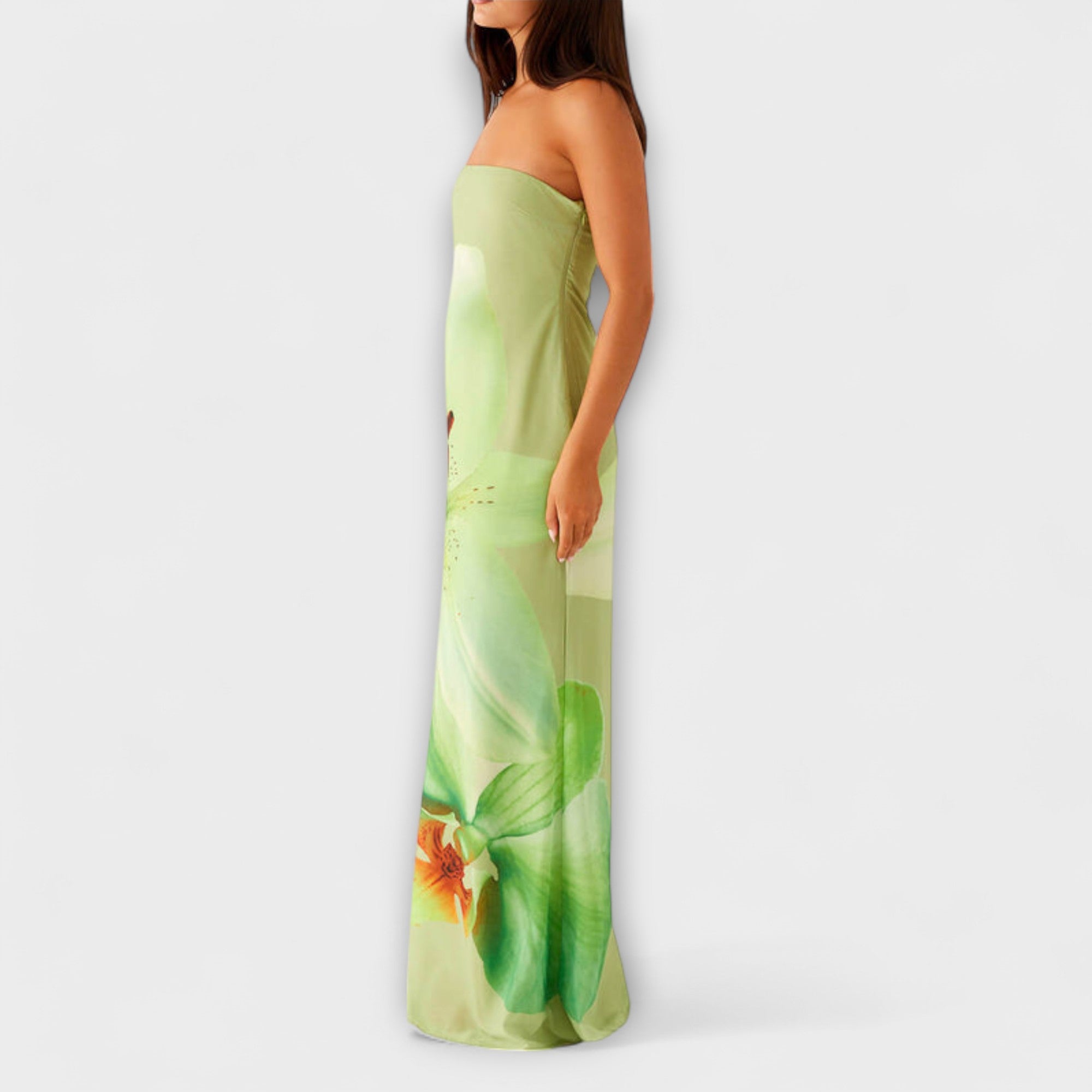 Zephyra Off-Shoulder Maxikleid, ärmellos, hellgrün mit Blumenprint