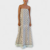 Off-Shoulder Maxi-Kleid mit geometrischem Raster in Beige und Blau, Bordüre am Saum